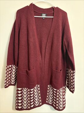 FRYE cardigan burgundy with geometric design in cream and grey